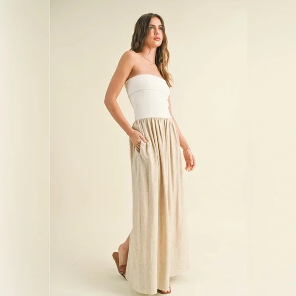 Miou Muse Linen/Ribbed Knitted Strapless Top Combo Dress - Picture 3 of 6